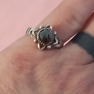 Vintage 1950s Sterling Silver Ring w/ Hematite Stone | Old Hollywood Glam | App